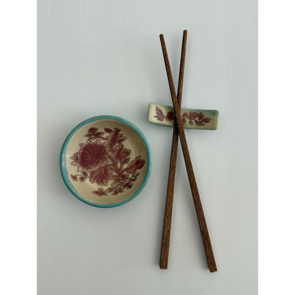 NIB Pier 1 FIONA Set of 4 Chopsticks, Pink Floral Ceramic Rests & Dipping Bowls - Picture 5 of 10